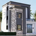Modern Two Story Detached Villa With White Dark Gray Exterior And Palm Trees