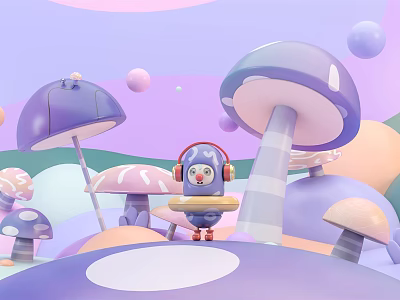 Cute Cartoon Scene with Colorful Mushrooms Small Character Purple Umbrella and Soft Pink Background 3d model