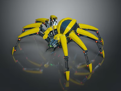 Yellow Mechanical Spider with Multiple Legs Blue Accents Red Light Spots and Glossy Reflection 3d model