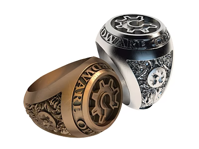 Engraved Silver And Bronze Donatello Rings With Gear Design And Ornate Patterns 3d model