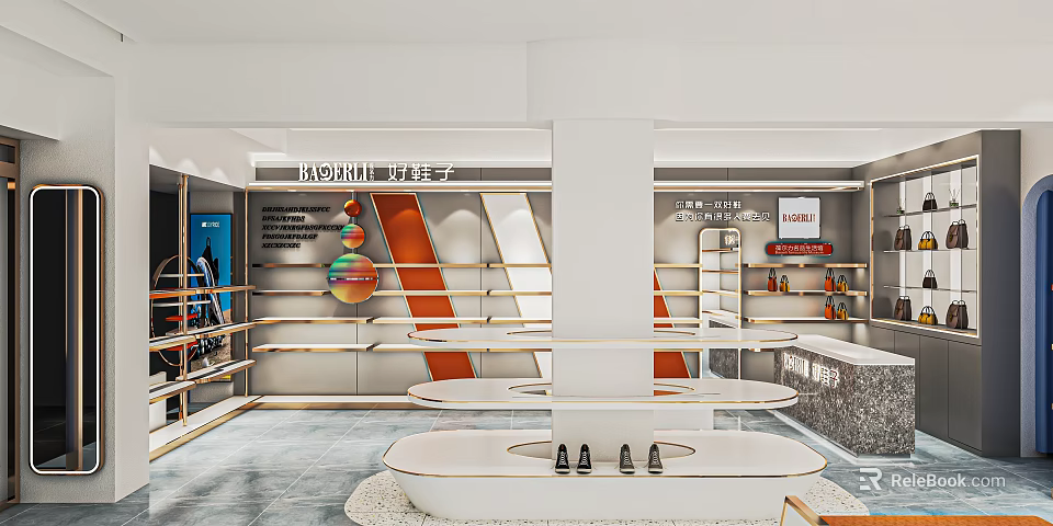 Modern Brand Store Interior With White Orange Display Shelves And Circular Product Showcases 3d model 