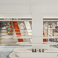 Modern Brand Store Interior With White Orange Display Shelves And Circular Product Showcases
