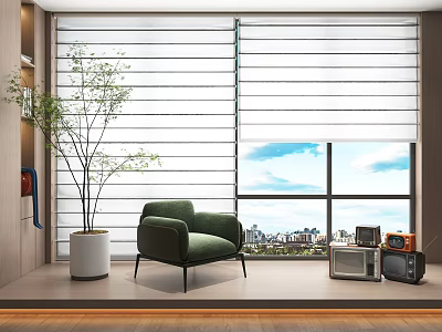 White Window Blinds With Green Armchair White Potted Tree Vintage Appliances City View Blue Sky 3d model