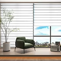 White Window Blinds With Green Armchair White Potted Tree Vintage Appliances City View Blue Sky