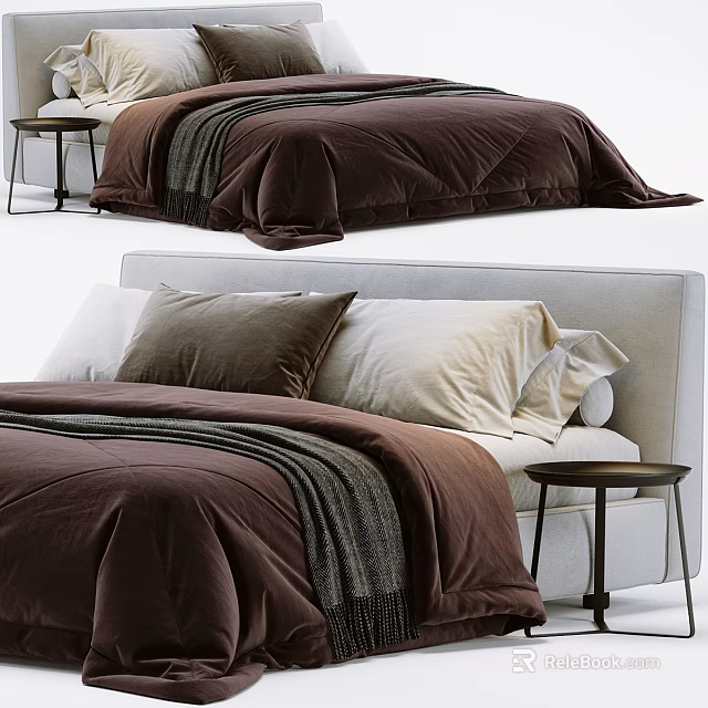 Double Bed Featuring White Headboard Brown Comforter Gray Blanket Brown Beige Pillows and Side Table 3d model 