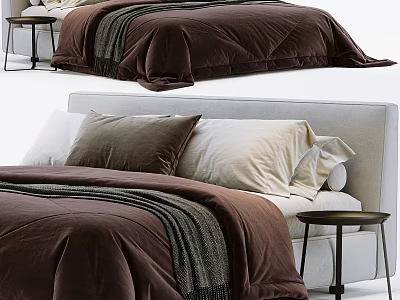 Double Bed Featuring White Headboard Brown Comforter Gray Blanket Brown Beige Pillows and Side Table 3d model