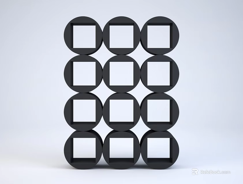 Black Modern Bookshelf With Circular Frames Square Compartments And Layered Design 3d model 