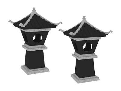 Japanese Style Stone Lantern Decorative Ornament Set With Black And Gray Design 3d model