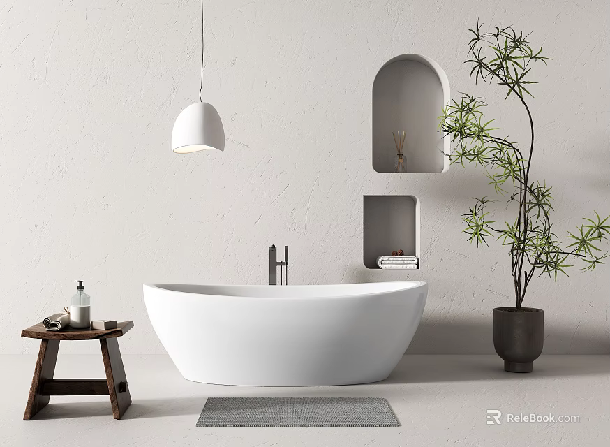 Minimalist Bathroom With Freestanding Bathtub And Decor 3d model 