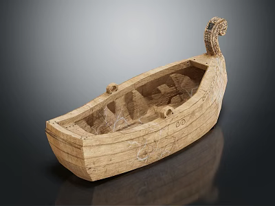 Traditional Handcrafted Wooden Boat with Intricate Carved Details and Ornate Bow Design 3d model