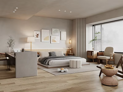 Modern Minimalist Bedroom Interior With Decorative Paintings Wooden Floor And Potted Plant Window Blinds 3d model