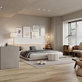 Modern Minimalist Bedroom Interior With Decorative Paintings Wooden Floor And Potted Plant Window Blinds