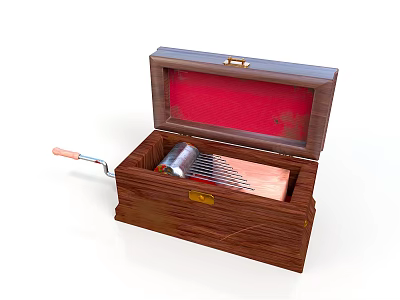 Vintage Wooden Music Box Open With Red Interior Lining And Hand Crank Metal Cylinder 3d model