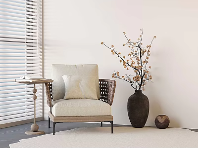 Chinese Sofa Chair Rattan Chair Vase Wooden Table 3d model