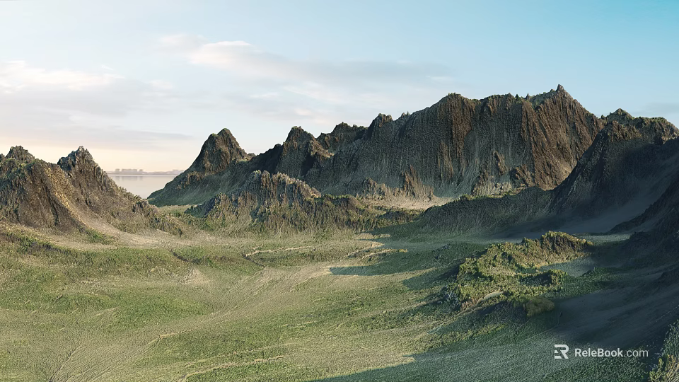 Natural Garden Landscape With Rolling Hills Green Meadows And Blue Sky White Clouds 3d model 