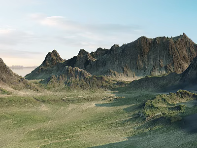 Natural Garden Landscape With Rolling Hills Green Meadows And Blue Sky White Clouds 3d model