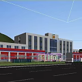 Modern Fire Station Exterior With Red Garage Doors And Large Glass Windows