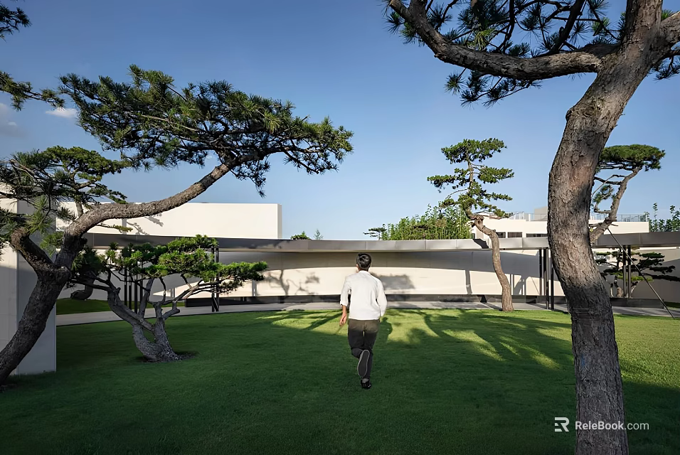 Serene Garden Landscape With Green Lawn Pine Trees White Buildings And Open Sky 3d model 