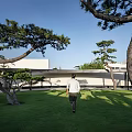 Serene Garden Landscape With Green Lawn Pine Trees White Buildings And Open Sky