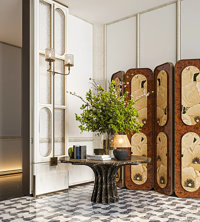 Elegant Ornament Decoration Set With Green Plant Vase Table Lamp And Wooden Screen 3d model