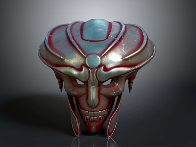 Ornate Silver Red Helmet With Detailed Facial Design And Decorative Lines 3d model