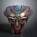 Ornate Silver Red Helmet With Detailed Facial Design And Decorative Lines