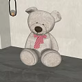 Beige Teddy Bear Wearing Pink Striped Bow Tie On Gray Floor With Green Plant