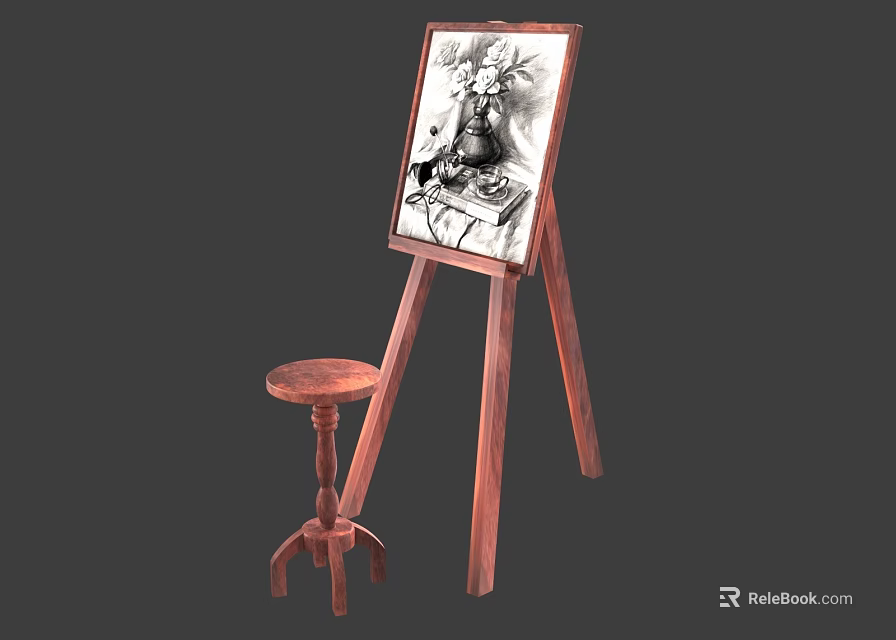 Wooden Easel Displaying Musical Instruments Artwork And Painting Supplies With Stool 3d model 