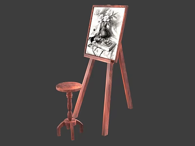 Wooden Easel Displaying Musical Instruments Artwork And Painting Supplies With Stool 3d model