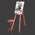 Wooden Easel Displaying Musical Instruments Artwork And Painting Supplies With Stool