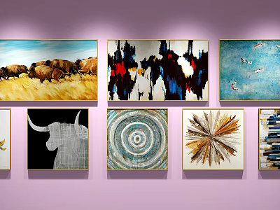 Multiple Abstract Paintings With Various Colors And Different Patterns Displayed On Pink Wall 3d model