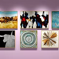 Multiple Abstract Paintings With Various Colors And Different Patterns Displayed On Pink Wall 3d model