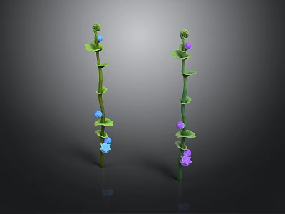 Green Stem Plants with Leaves Blue and Purple Flowers on Dark Background 3d model