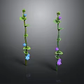 Green Stem Plants with Leaves Blue and Purple Flowers on Dark Background