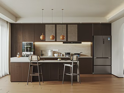 Modern Open Kitchen Interior With Dark Cabinets Island Counter Bar Stools And Copper Pendant Lights 3d model