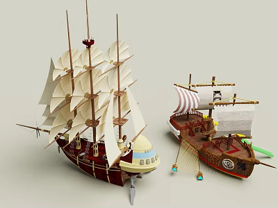Handcrafted Wooden Ship Models With White And Striped Sails Red Brown Hulls And Details 3d model