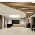 Art Studio Interior With Pianos Blackboard Wooden Ceiling And Large Windows Light Floor