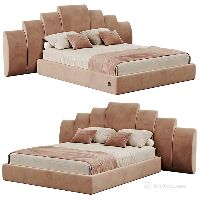Modern Light Brown Double Bed With Upholstered Headboard And Decorative Pillows 3d model