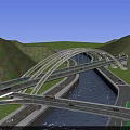 Arch Bridge Spanning River With Multi Level Roads Vehicles And Mountain Surroundings