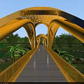 Yellow Arch Structure Bridge With Wooden Deck Railings Blue Sky And Trees