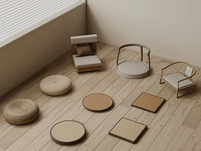 Home Seating With Various Shaped Cushions And Wooden Floor Chairs 3d model