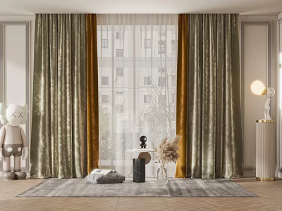 Elegant Green And Gold Velvet Curtains For Modern Living Room Window 3d model