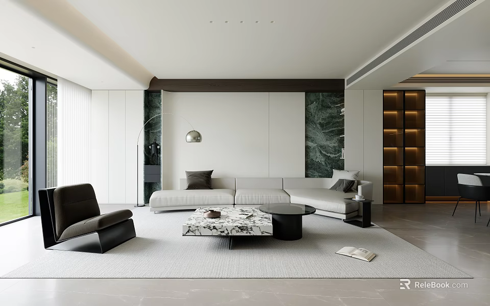 Modern Living Dining Room Interior With Minimalist Sofa Armchair Large Windows And Marble Coffee Table 3d model