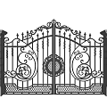 Ornate Wrought Iron Gate With Decorative Design And Stone Pillars Topped With Lanterns
