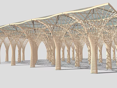 Modern Wooden Outdoor Pavilion with Branch-like Support Structure and Glass Roof 3d model