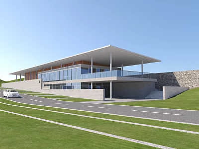 Modern Building Exterior With Glass Facade White Roof And Stone Wall Lawn Road And Car 3d model