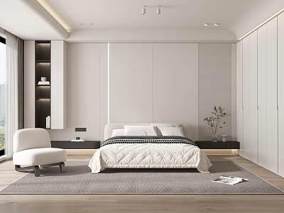 Modern Bedroom Interior With White Bed Wardrobe Armchair Grey Rug And Natural Light 3d model