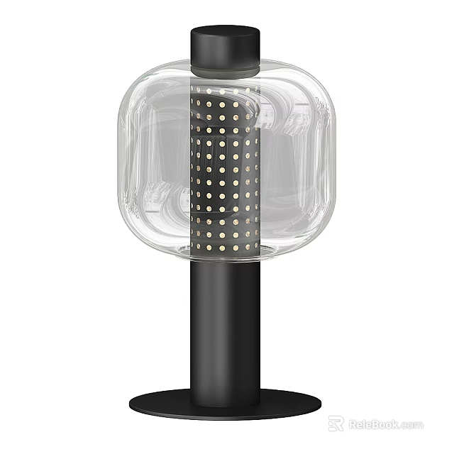 Modern Minimalist Table Lamp With Transparent Glass Shade Black Base And Perforated Metal Design 3d model 