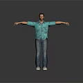 Game Movie Character In Blue Floral Shirt Blue Jeans And White Sneakers With Arms Outstretched