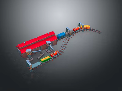 Red Roof Building With Curved Railway Track And Colorful Train Carriages 3d model